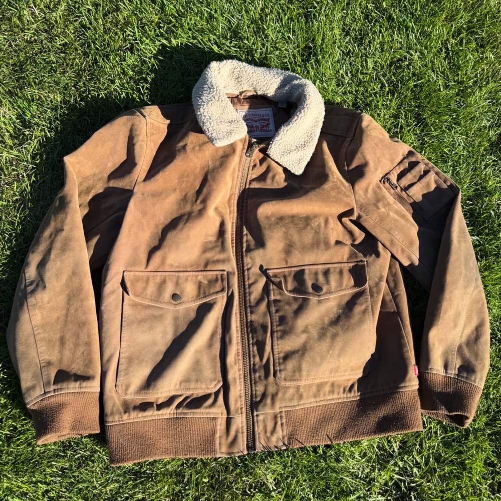 Levis Faux Suede Sherpa Collar Bomber Jacket Mens XL Brown Quilted Flight Coat